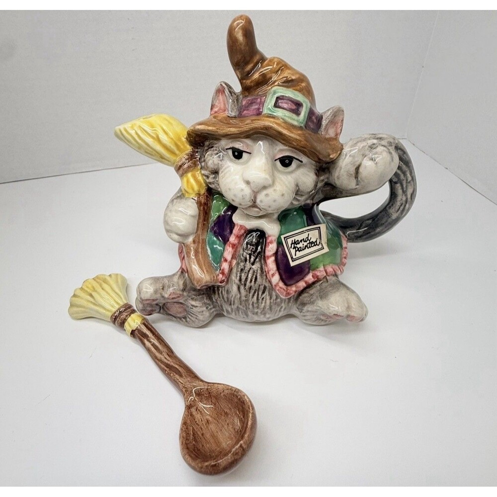 FITZ & FLOYD VINTAGE 1992 HALLOWEEN WITCH CAT CREAMER AND SUGAR BOWL SPOON